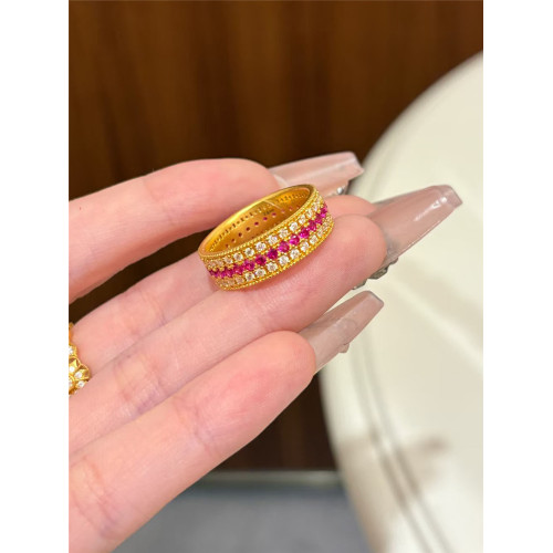 鋪家同款保色沙金點鑽紅寶石戒指女食戒培育輕奢鑲嵌三排指環高級