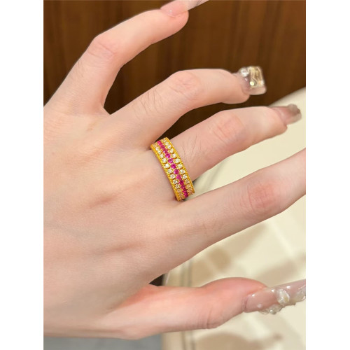 鋪家同款保色沙金點鑽紅寶石戒指女食戒培育輕奢鑲嵌三排指環高級