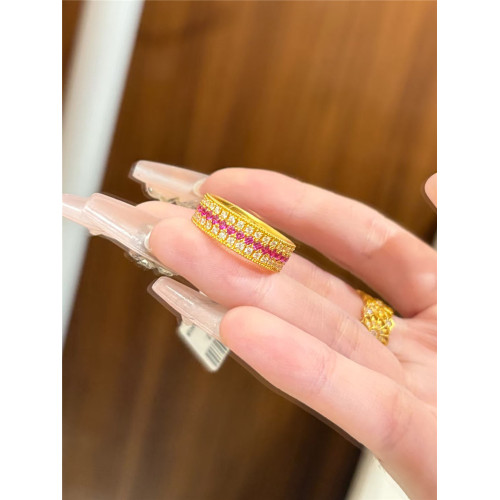 鋪家同款保色沙金點鑽紅寶石戒指女食戒培育輕奢鑲嵌三排指環高級