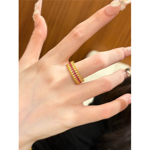 鋪家同款保色沙金點鑽紅寶石戒指女食戒培育輕奢鑲嵌三排指環高級