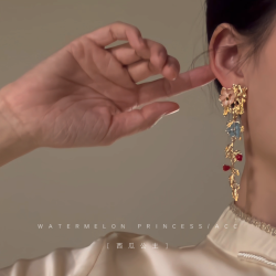 「春日現花」新中式國風耳環女古風金色花朵搭旗袍漢服馬面裙耳飾