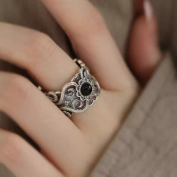 925銀復古新中式花雕紋理黑瑪瑙戒指環鏤空開口調節小衆設計高級