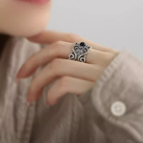 925銀復古新中式花雕紋理黑瑪瑙戒指環鏤空開口調節小衆設計高級