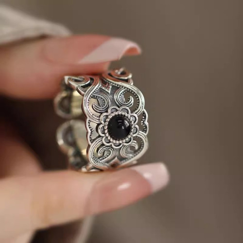 925銀復古新中式花雕紋理黑瑪瑙戒指環鏤空開口調節小衆設計高級