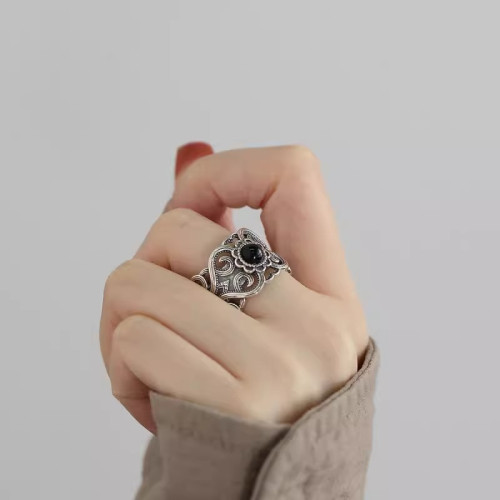 925銀復古新中式花雕紋理黑瑪瑙戒指環鏤空開口調節小衆設計高級