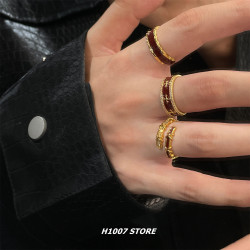 復古克羅老花酒紅金色十字花戒指女小衆設計男食指戒新款指環新款