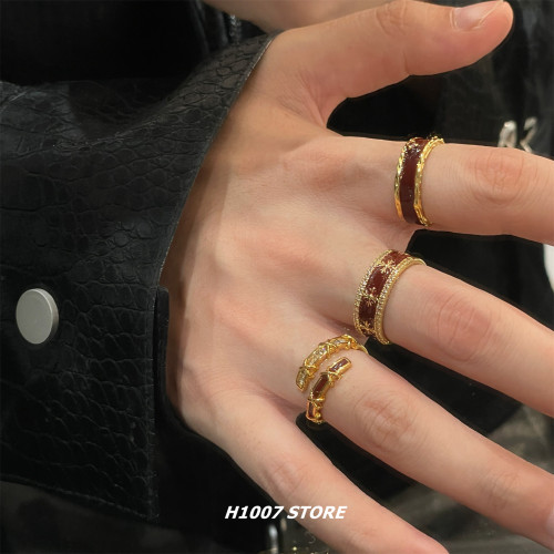 復古克羅老花酒紅金色十字花戒指女小衆設計男食指戒新款指環新款