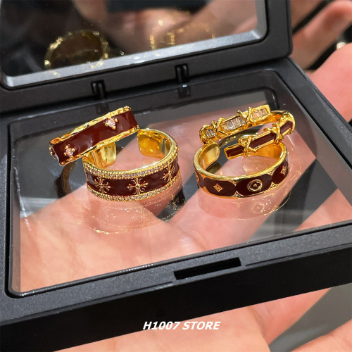 復古克羅老花酒紅金色十字花戒指女小衆設計男食指戒新款指環新款