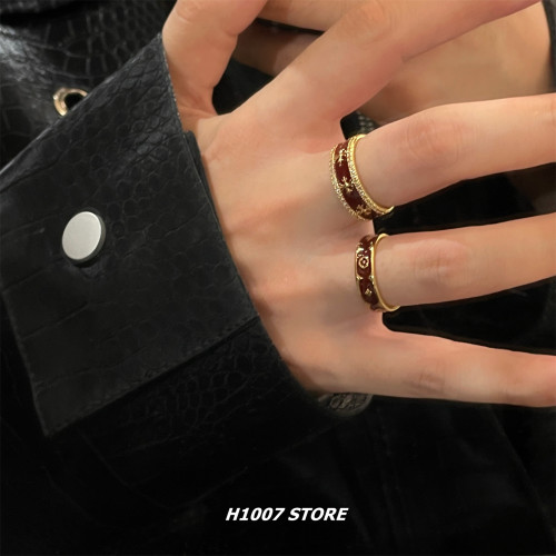 復古克羅老花酒紅金色十字花戒指女小衆設計男食指戒新款指環新款