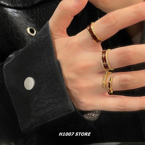 復古克羅老花酒紅金色十字花戒指女小衆設計男食指戒新款指環新款