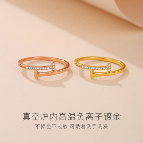 雙T戒指碎鑽排鑽小衆設計輕奢高級感女食指18K玫瑰金關節新款爆款