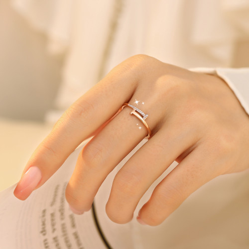 雙T戒指碎鑽排鑽小衆設計輕奢高級感女食指18K玫瑰金關節新款爆款
