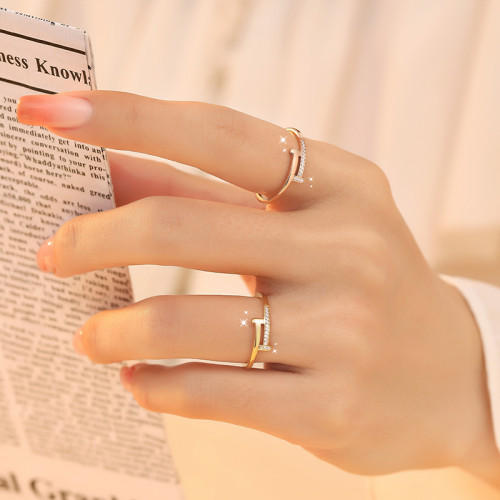 雙T戒指碎鑽排鑽小衆設計輕奢高級感女食指18K玫瑰金關節新款爆款