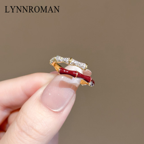 LYNNROMAN紅色竹節戒指女高級輕奢小衆設計食指戒琺瑯彩開口指環