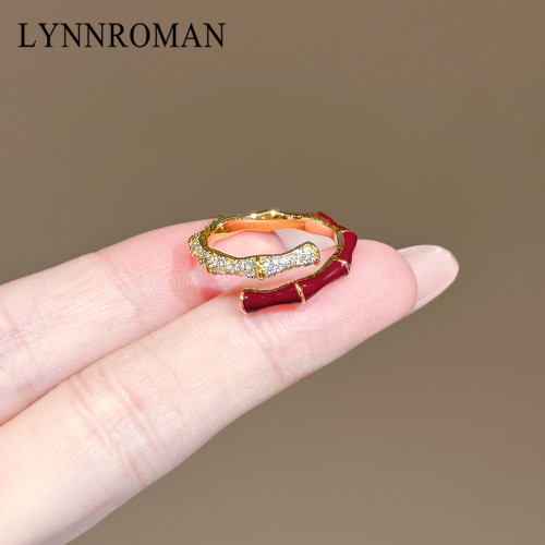LYNNROMAN紅色竹節戒指女高級輕奢小衆設計食指戒琺瑯彩開口指環