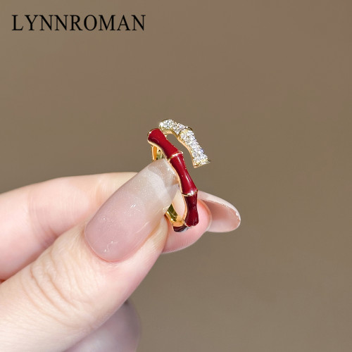 LYNNROMAN紅色竹節戒指女高級輕奢小衆設計食指戒琺瑯彩開口指環