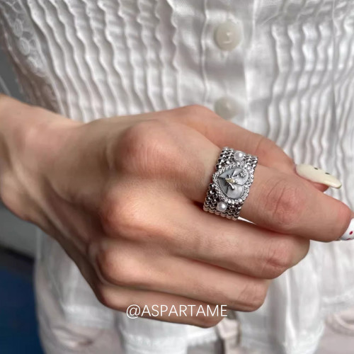 阿斯巴甜 中古鏤空愛心珍珠戒指宮廷風中古小衆設計高級感食指戒