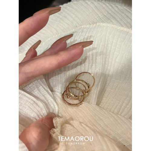 4隻曡戴組合！極細款k金排戒滿鑽素圈戒指女高級感百搭食指戒可調