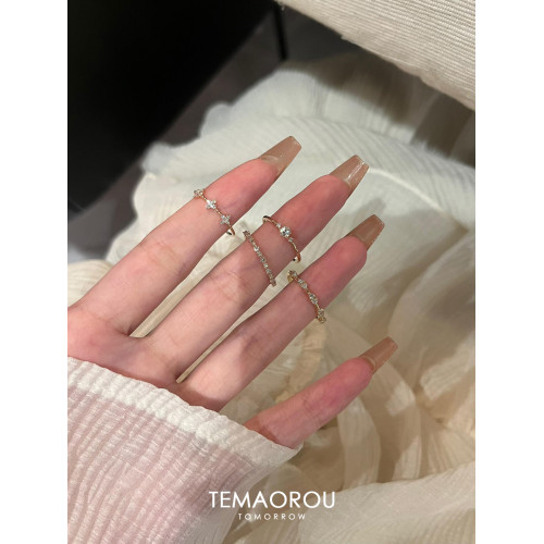 4隻曡戴組合！極細款k金排戒滿鑽素圈戒指女高級感百搭食指戒可調