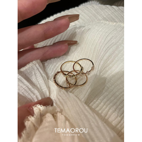 4隻曡戴組合！極細款k金排戒滿鑽素圈戒指女高級感百搭食指戒可調