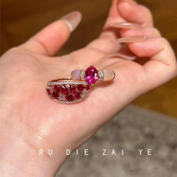 如蝶在野 紫薇綺夢~中古vintage玫紅戒指輕奢老錢風高級感開口戒