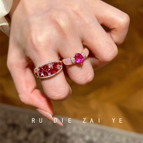 如蝶在野 紫薇綺夢~中古vintage玫紅戒指輕奢老錢風高級感開口戒