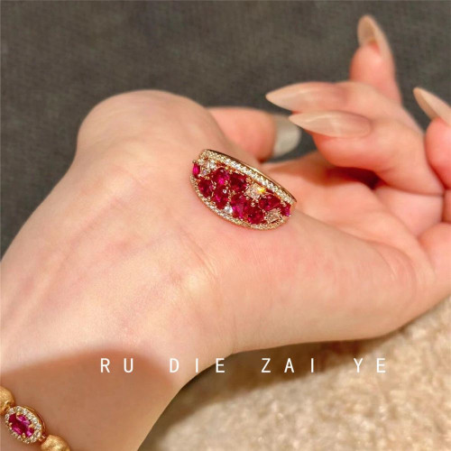 如蝶在野 紫薇綺夢~中古vintage玫紅戒指輕奢老錢風高級感開口戒