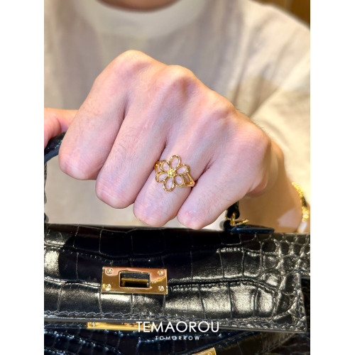 鈦鋼不掉色！獨特鏤空花朵金戒指女高級感小衆開口食指戒指環新款