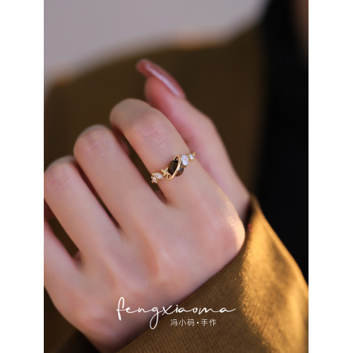 精緻復古星球虎眼石戒指女輕奢高級感開口指環時尚簡約百搭食指戒