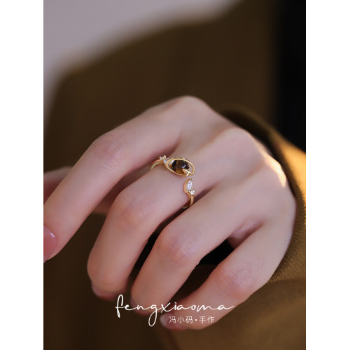 精緻復古星球虎眼石戒指女輕奢高級感開口指環時尚簡約百搭食指戒