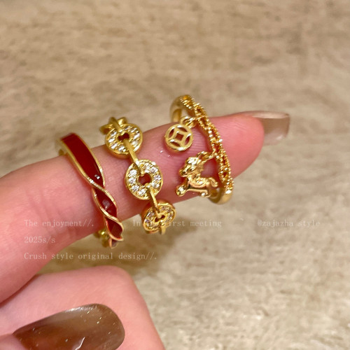 金色小馬銅錢開口戒指女復古高級感精緻食指戒本命年小衆設計指環