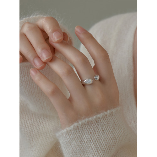 梵靈小衆設計款天然母貝月光開口戒指女S925銀簡約雙層曡戴指環