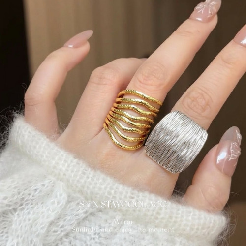 復古中古風鈦鋼紋理開口戒指女士指環北歐風時髦高級感可調節