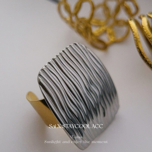 復古中古風鈦鋼紋理開口戒指女士指環北歐風時髦高級感可調節