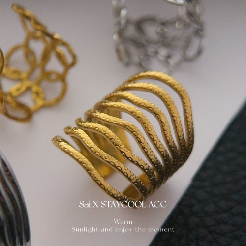 復古中古風鈦鋼紋理開口戒指女士指環北歐風時髦高級感可調節