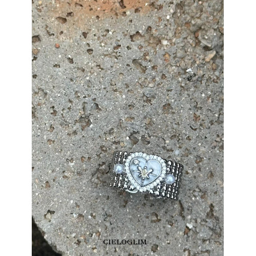 CieloGlim精緻蝴蝶星芒愛心寬版戒指珍珠滴油開口食指戒配飾禮物