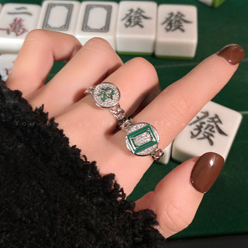 中發白麻將開口戒指女新中式輕奢高級精緻食指戒時尚小衆設計指環