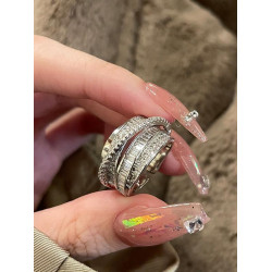 清冷感閃亮仿鋯石戒指女小衆設計高級感時尚氣質多層線條開口戒指