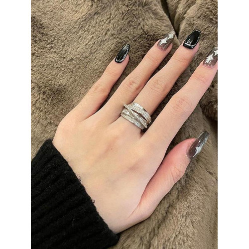 清冷感閃亮仿鋯石戒指女小衆設計高級感時尚氣質多層線條開口戒指