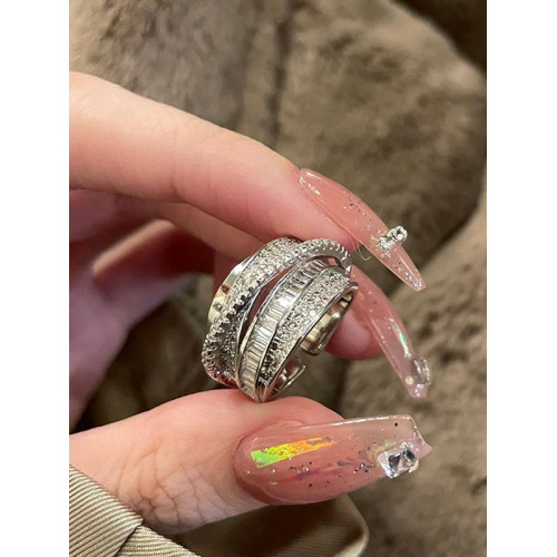 清冷感閃亮仿鋯石戒指女小衆設計高級感時尚氣質多層線條開口戒指