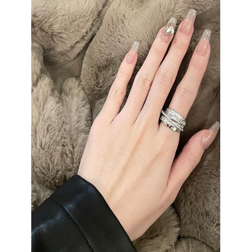 清冷感閃亮仿鋯石戒指女小衆設計高級感時尚氣質多層線條開口戒指