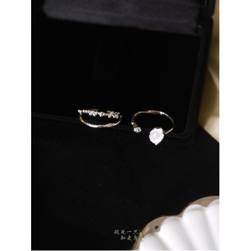 《白霧島》精緻輕奢簡約小衆冷淡風蛋白石雙層銀色金屬戒指可調節