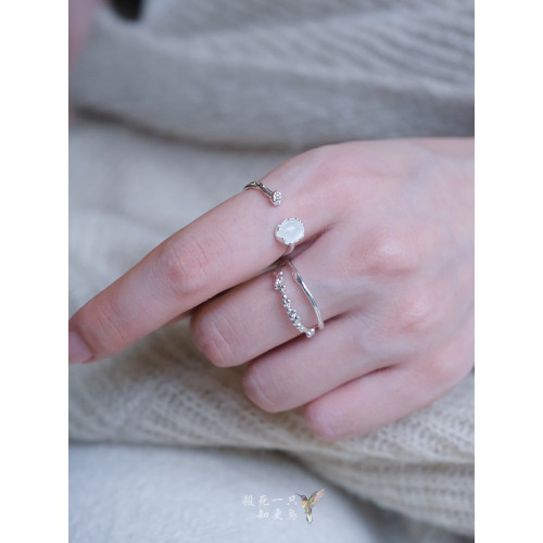 《白霧島》精緻輕奢簡約小衆冷淡風蛋白石雙層銀色金屬戒指可調節