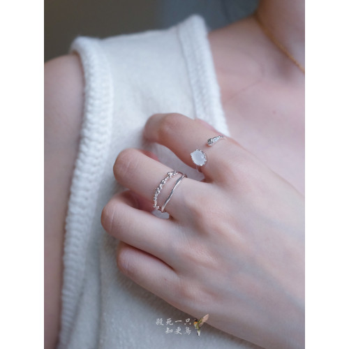 《白霧島》精緻輕奢簡約小衆冷淡風蛋白石雙層銀色金屬戒指可調節