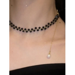 日韓輕奢黑色水晶項鍊法式時尚高級感鎖骨鍊小衆設計感可調節頸鏈