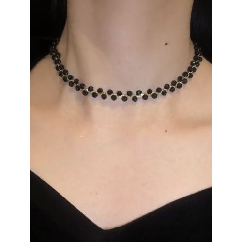 日韓輕奢黑色水晶項鍊法式時尚高級感鎖骨鍊小衆設計感可調節頸鏈