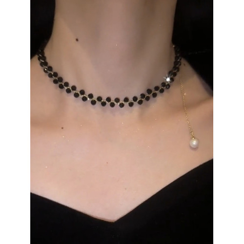 日韓輕奢黑色水晶項鍊法式時尚高級感鎖骨鍊小衆設計感可調節頸鏈