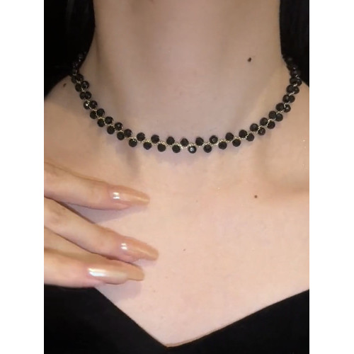 日韓輕奢黑色水晶項鍊法式時尚高級感鎖骨鍊小衆設計感可調節頸鏈