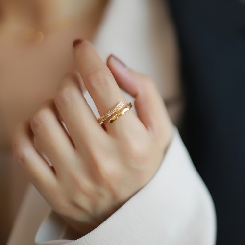 高級感戒指女小衆設計感開口指環輕奢ins新款輕奢鋯石金色個性新 高級感戒指女小衆設計感開口指環輕奢ins新款輕奢鋯石金色個性新