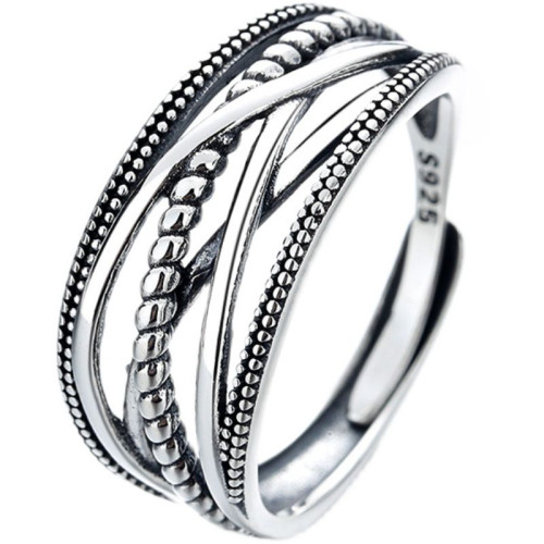 幾何交叉線條925銀戒指女復古做舊小衆高級不掉色開口指環